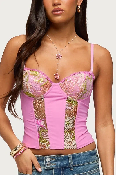 Edikted Inka Floral Sequin Bead Cupped Corset In Pink, Women's At Urban Outfitters