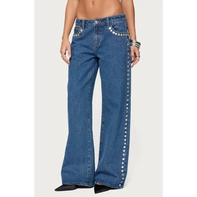 Edikted Iridescent Button Low Rise Wide Leg Jeans In Blue