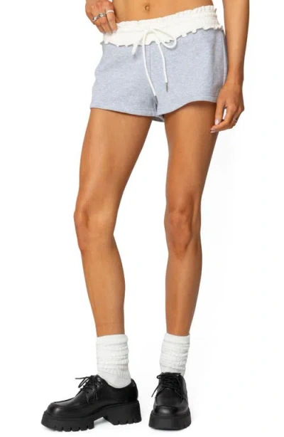 Edikted Isolde Ruffle Waist Drawstring Sweat Shorts In Grey-melange
