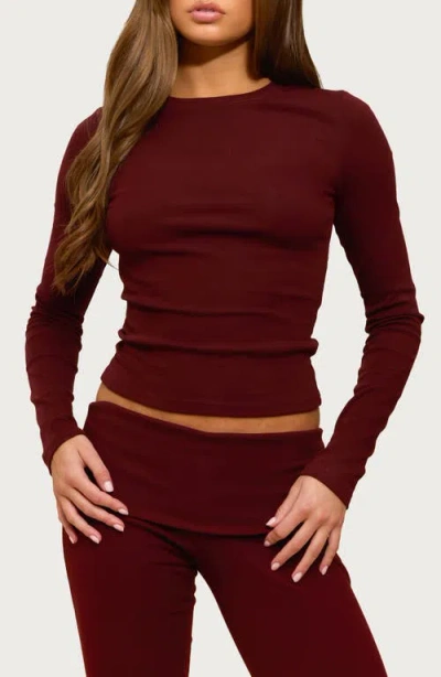 Edikted Ivanne Long Sleeve Stretch Cotton Top In Burgundy