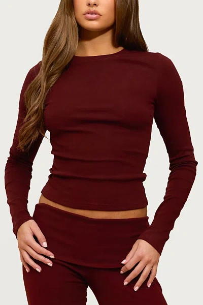 Edikted Ivanne Long Sleeve T Shirt In Burgundy, Women's At Urban Outfitters In Brown
