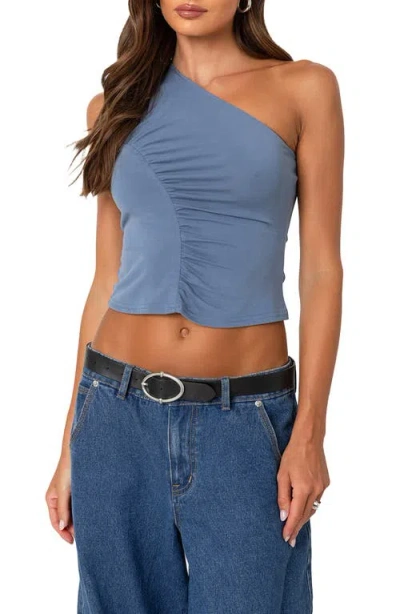 Edikted Ivy Ruched One-shoulder Crop Top In Blue