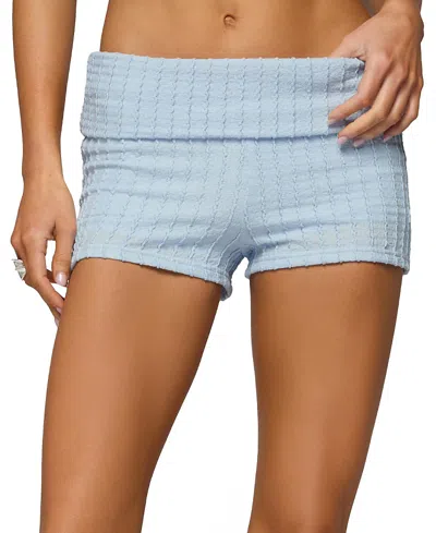 Edikted Iyara Textured Knit Foldover Micro Shorts In Blue
