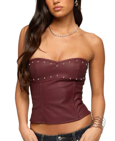 Edikted Izara Studded Strapless Faux Leather Top In Burgundy