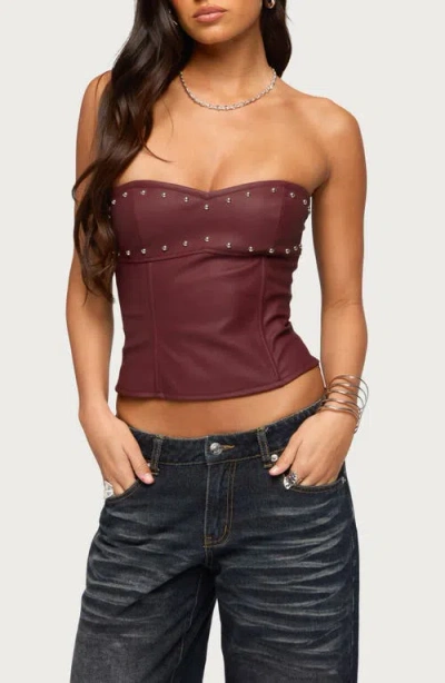 Edikted Izara Studded Strapless Faux Leather Top In Burgundy