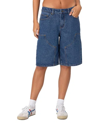Edikted Jacqui Low Rise Denim Bermuda Shorts In Blue-washed