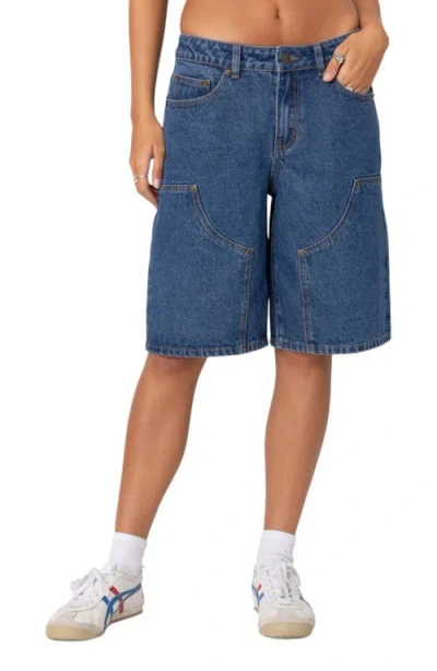 Edikted Jacqui Low Rise Denim Bermuda Shorts In Blue-washed