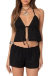 Edikted Jael Eyelet Tie Front Halter Crop Top In Black