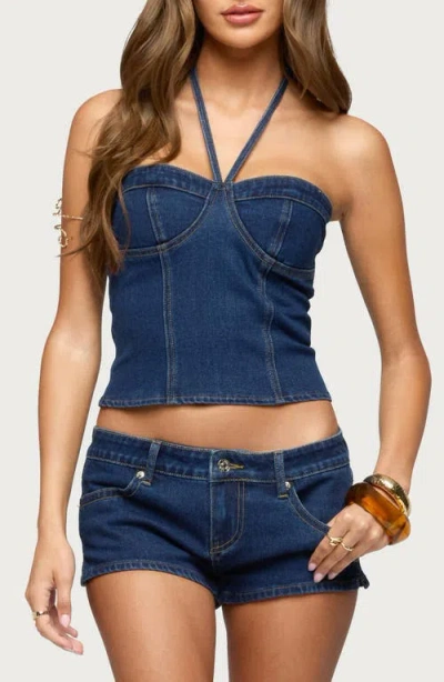Edikted Jagger Denim Bustier Halter Top In Blue