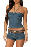 Edikted Jagger Denim Bustier Halter Top In Blue-washed