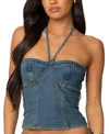 Edikted Jagger Denim Bustier Halter Top In Blue-washed