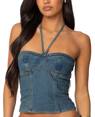 Edikted Jagger Denim Bustier Halter Top In Blue-washed