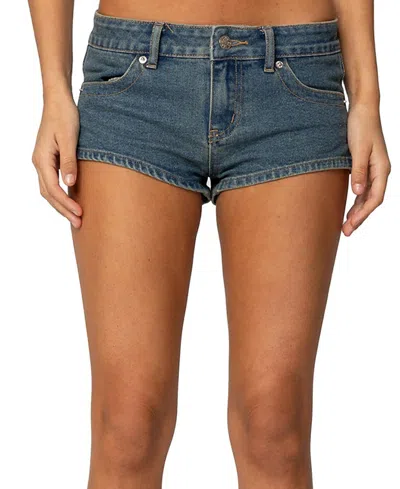 Edikted Jagger Low Rise Denim Shorts In Blue-washed