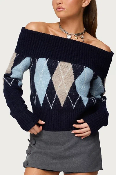 Edikted Jakarie Argyle Foldover Sweater In Navy, Women's At Urban Outfitters In Multi
