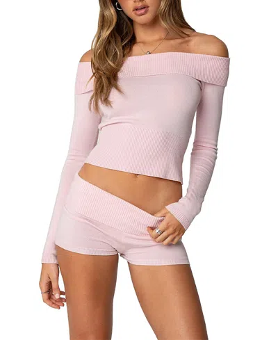 Edikted Jamie Fold Over Knit Top In Light-pink