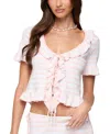 Edikted Janelle Stripe Ruffle Crop Tie Front Top In Pink