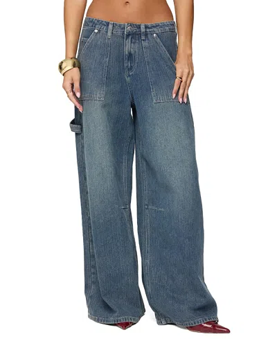 Edikted Jaycee Low Rise Wide Leg Carpenter Jeans In Blue