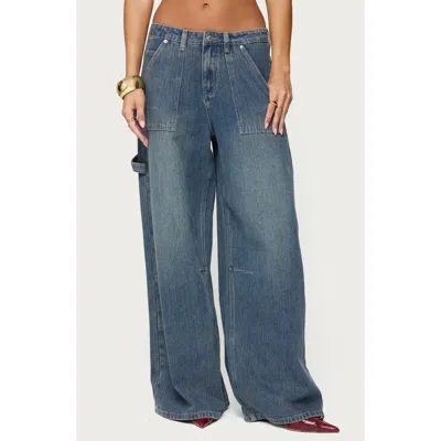 Edikted Jaycee Low Rise Wide Leg Carpenter Jeans In Blue