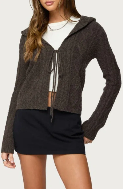 Edikted Jayla Cable Knit Hooded Cardigan In Brown