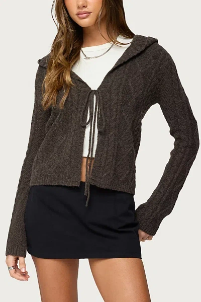 Edikted Jayla Hooded Cable Knit Cardigan In Brown, Women's At Urban Outfitters