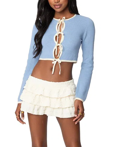 Edikted Jaylin Tie Front Knit Cardigan In Light Blue