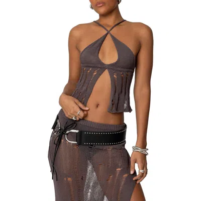 Edikted Jaynie Distressed Flyaway Camisole Sweater In Brown