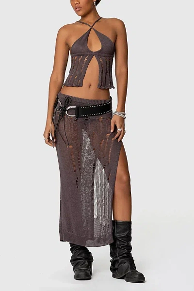 Edikted Jaynie Distressed Knit Maxi Skirt In Brown, Women's At Urban Outfitters