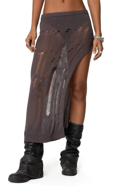 Edikted Jaynie Distressed Open Knit Maxi Skirt In Brown