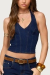 Edikted Jemima Contrast Stitch Denim Halter Top In Blue
