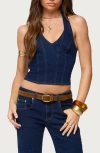 Edikted Jemima Contrast Stitch Denim Halter Top In Blue