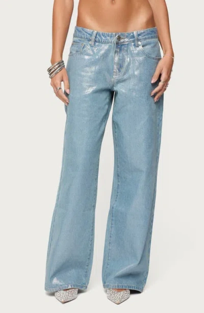Edikted Jenney Shiny Wide Leg Jeans In Blue
