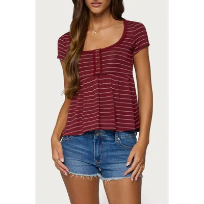 Edikted Jina Lacey Striped Babydoll Henley Top In Burgundy