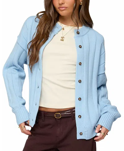 Edikted Joanie Wide Ribbed Knit Cardigan In Blue