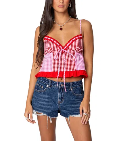 Edikted Joanne Mixed Gingham Tank Top In Red/pink