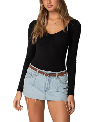 Edikted Jonah Long Sleeve V Neck Bodysuit In Black