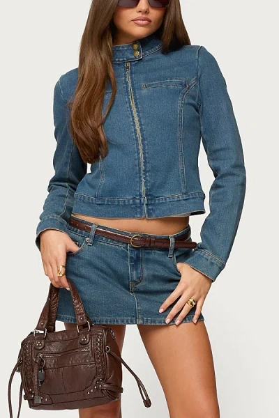 Edikted Josiee Stretchy Denim Moto Jacket In Blue/washed, Women's At Urban Outfitters In Multi