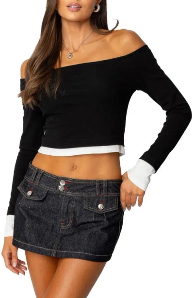 Edikted Jovi Layered Off The Shoulder Crop Top In Black-and-white