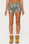 Edikted Joyce Camo Low Rise Denim Shorts In Gray