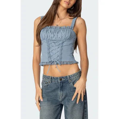 Edikted Juliet Lace-up Cotton Corset Top In Light-blue