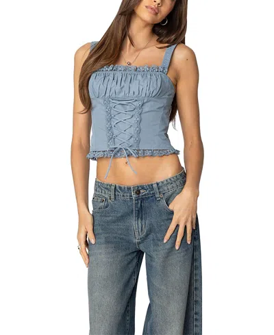 Edikted Juliet Lace-up Cotton Corset Top In Light-blue