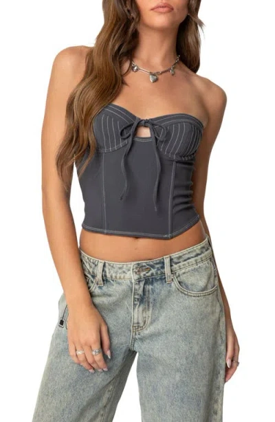 Edikted June Tie Front Strapless Corset Top In Dark Gray