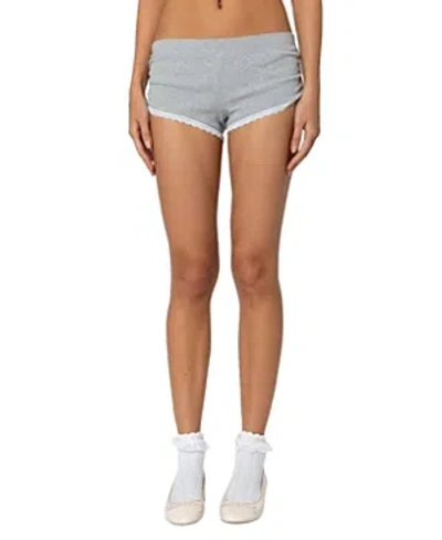 Edikted Kadence Ruched Lace Trim Shorts In Gray-melange