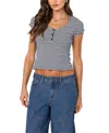 Edikted Kady Stripe Short Sleeve Henley Top In Navy