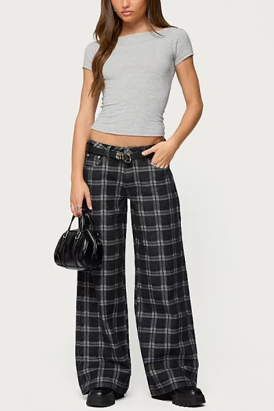 Edikted Kailani Plaid Low Rise Baggy Wide Leg Jeans In Black