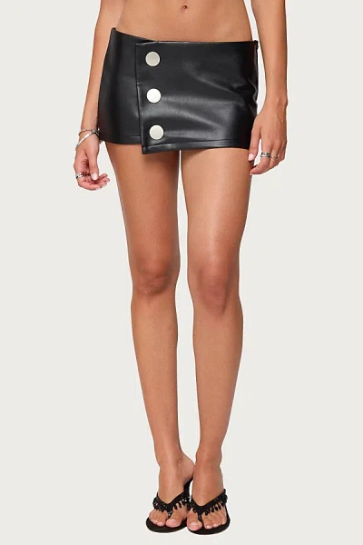 Edikted Kaine Button Faux Leather Mini Skort In Black, Women's At Urban Outfitters