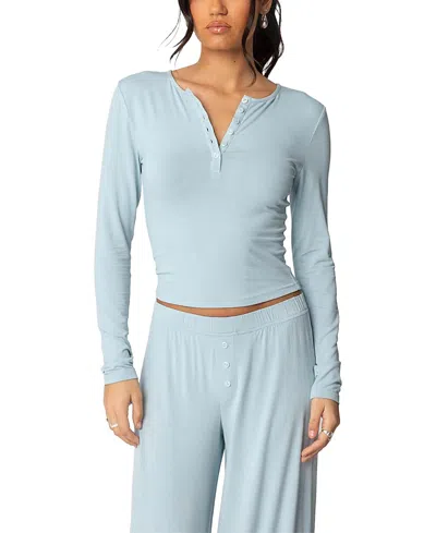 Edikted Kait Long Sleeve Crop Henley In Light-blue