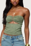 Edikted Kalina Cutout Strapless Faux Suede Top In Green
