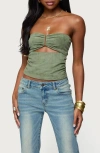 Edikted Kalina Cutout Strapless Faux Suede Top In Green