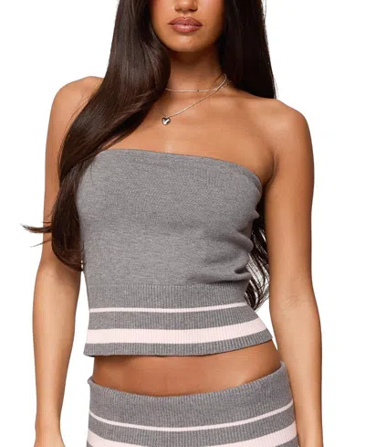 Edikted Kaliya Stripey Strapless Knit Top In Brown