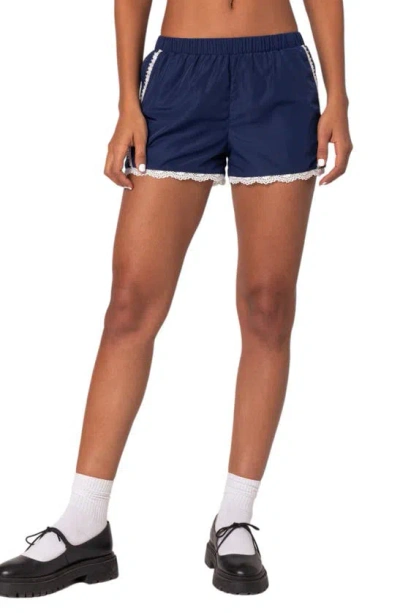 Edikted Kallie Lace Trim Track Shorts In Navy